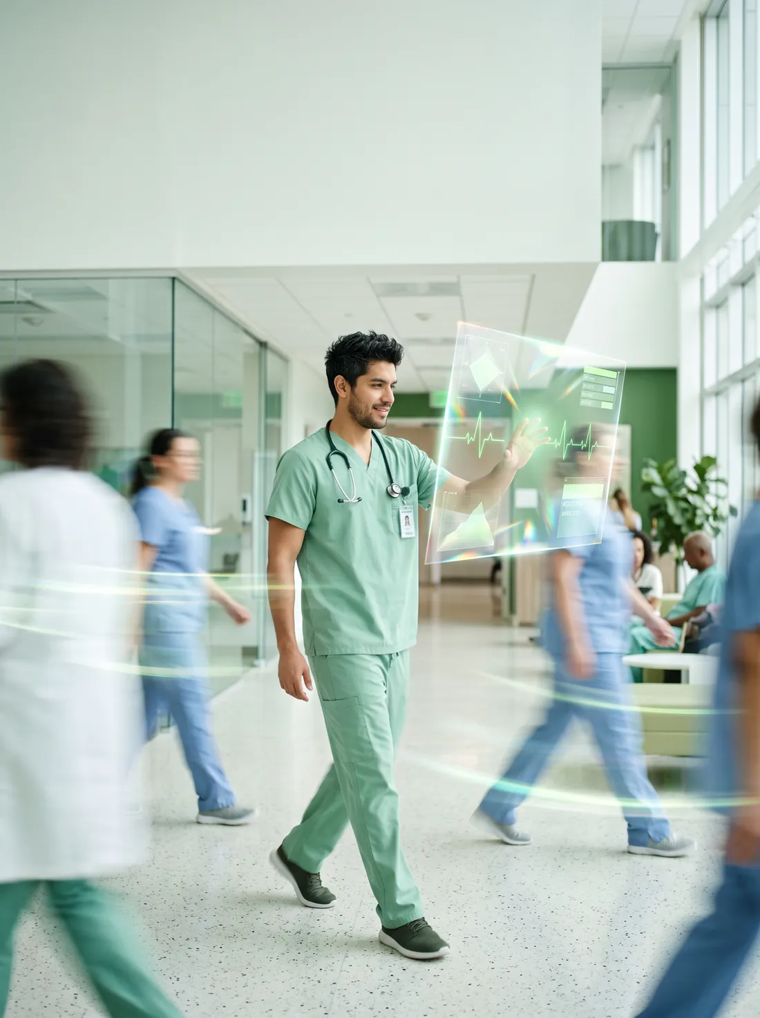 Médico residente en un pasillo de hospital